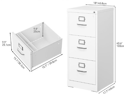 Technical drawing of archive cabinet and drawer dimensions