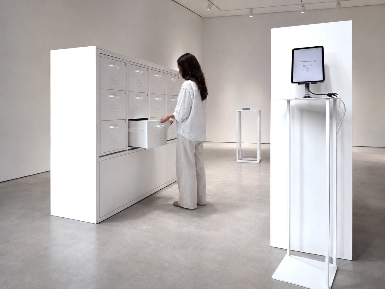 Besucher vor den Schubladen der Installation Archive of Possible Lives